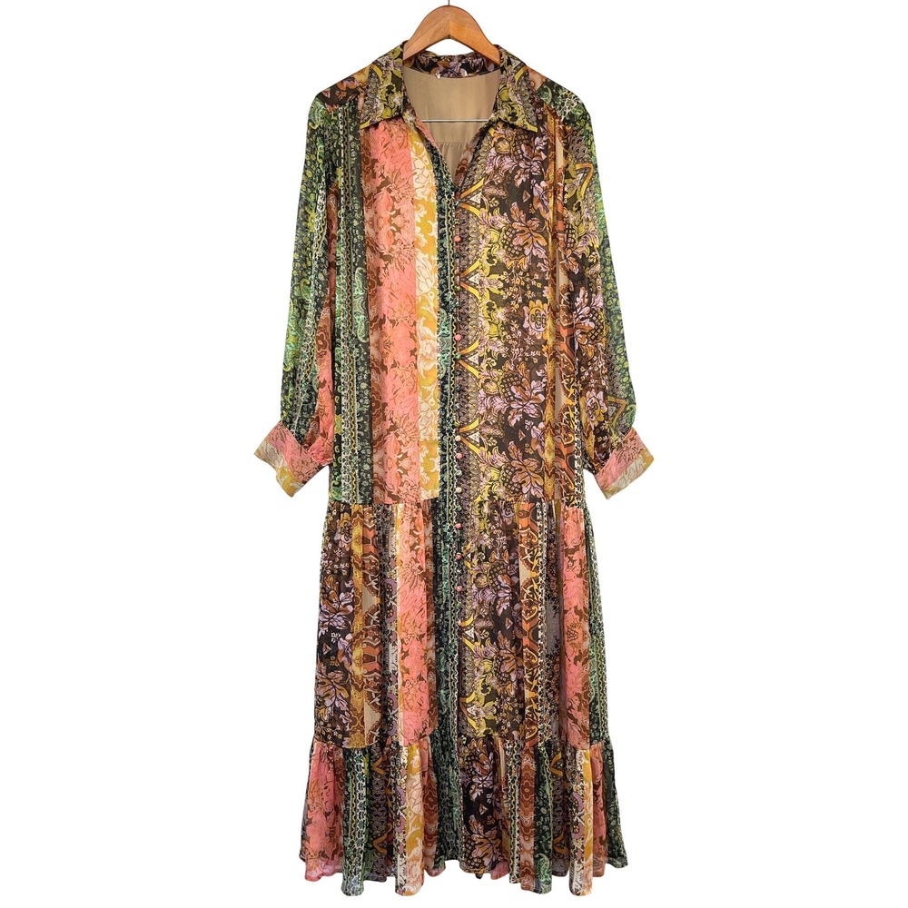 Unbranded Patchwork Floral Paisley Tiered Maxi Dress L Earthy Boho Eclectic Art